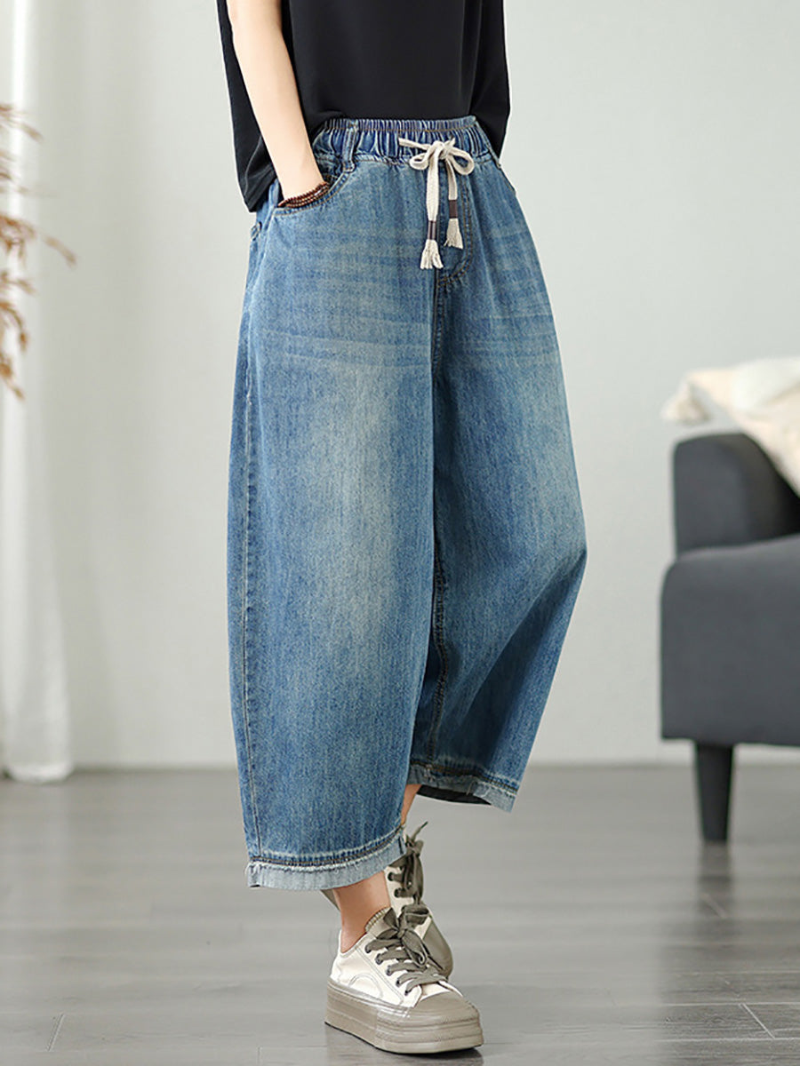 Women Casual Summer Pure Color Denim Wide-leg Pants
