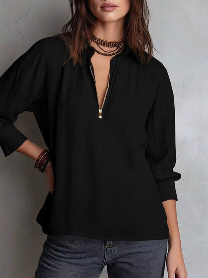 Long Sleeves Loose Pleated Solid Color Zipper Lapel Blouses&Shirts Tops