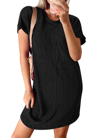 A-Line Loose Contrast Color Pockets Split-Joint Striped Round-Neck Mini Dresses