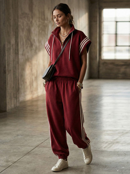Loose Sleeveless Contrast Color Drawstring Split-Joint Striped Zipper Mock Neck Blouses&Shirts Tops