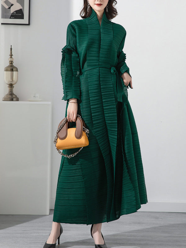 Casual Long Sleeves Loose Tied Pleated Stand Collar Midi Dresses