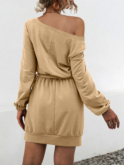 Long Sleeves Loose Elasticity Solid Color Tied Waist One-Shoulder Mini Dresses
