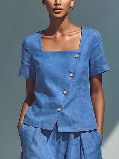 Loose Short Sleeves Buttoned Solid Color Square-Neck Blouses&Shirts Tops