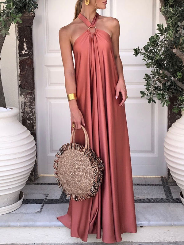 A-Line Loose Backless Solid Color Tied Halter-Neck Maxi Dresses