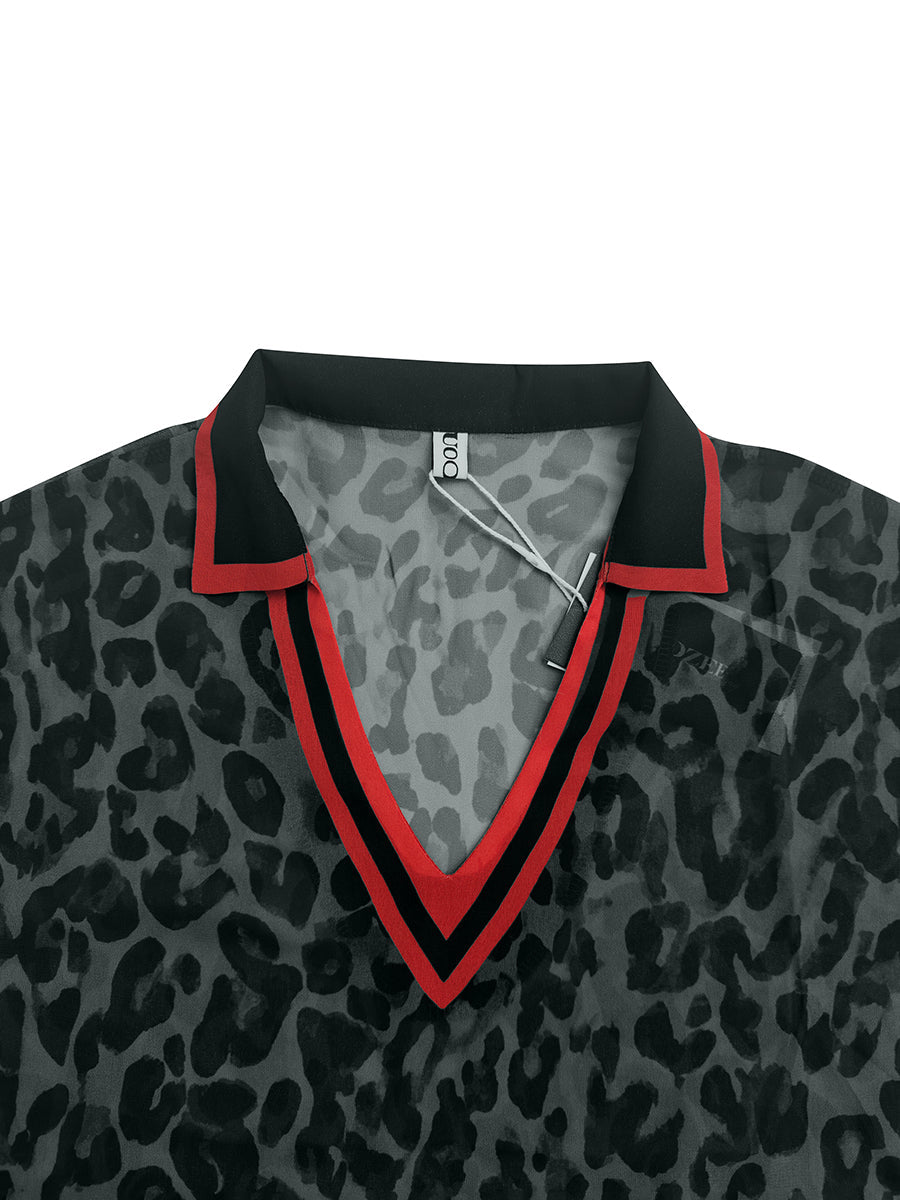 Loose Short Sleeves Contrast Color Leopard See-Through Split-Joint Striped Lapel Blouses&Shirts Tops