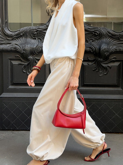 Elasticated Waist High Waisted Drawstring Pleated Solid Color Ankle-Tied Pants