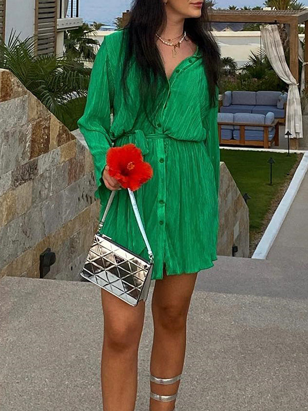 Long Sleeves Loose Buttoned Solid Color Tied Waist Lapel Mini Dresses