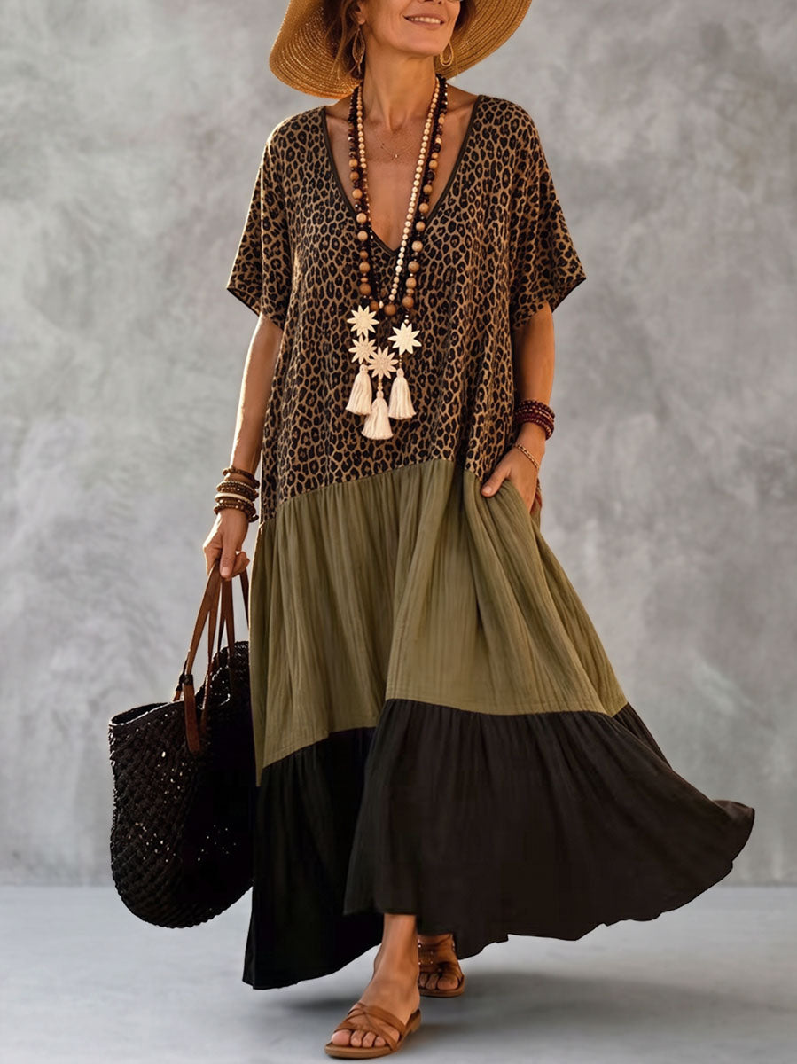 Split-Joint Printed Pleated Leopard Loose Half Sleeves Deep V-Neck Maxi Dresses