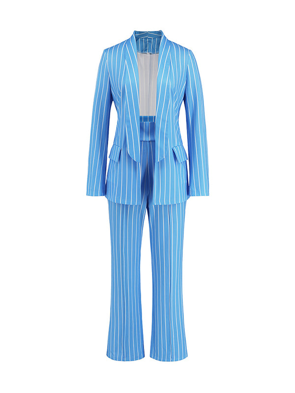 Long Sleeves Striped Lapel Blazer Top + Wide Leg Pants Bottom Two Pieces Set