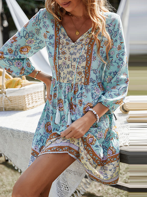 A-Line Loose Buttoned Contrast Color Flower Print Pleated V-Neck Mini Dresses