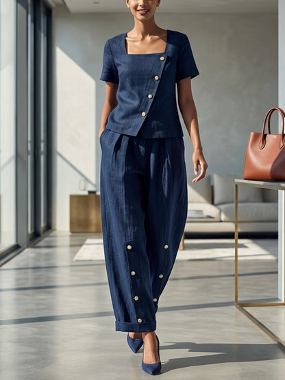Loose Short Sleeves Buttoned Solid Color Square-Neck Blouses&Shirts Tops