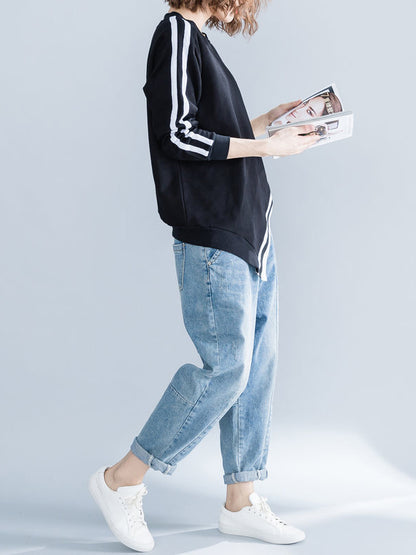Cropped Long Sleeves Striped Round-Neck Hoodies&Sweatshirt