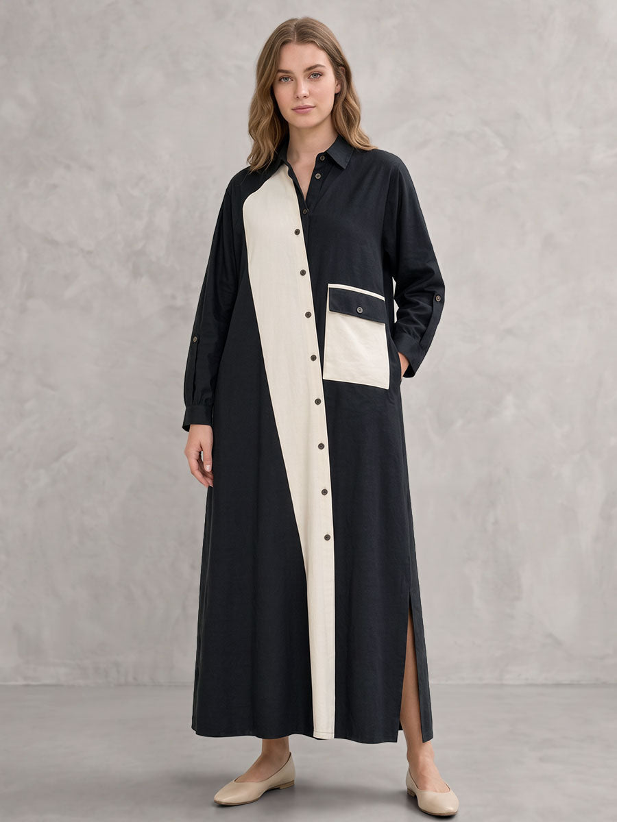 Split-side Split-Joint Pockets Contrast Color Buttoned Asymmetric Loose Long Sleeves Lapel Shirt Dress Maxi Dresses