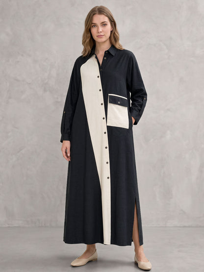 Split-side Split-Joint Pockets Contrast Color Buttoned Asymmetric Loose Long Sleeves Lapel Shirt Dress Maxi Dresses