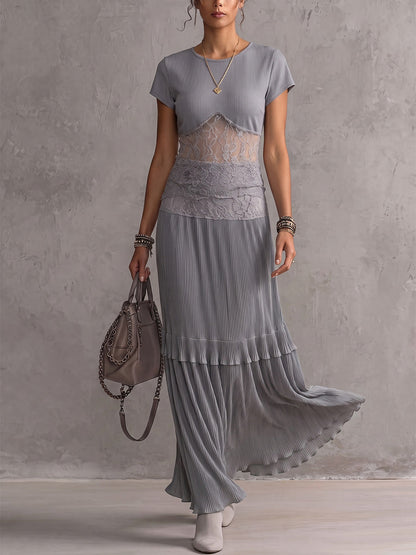 Solid Round-Neck Short Sleeves T-Shirts Tops + Pleated See-Through Split-Joint High Waisted Skirts Bottoms Two Pieces Set