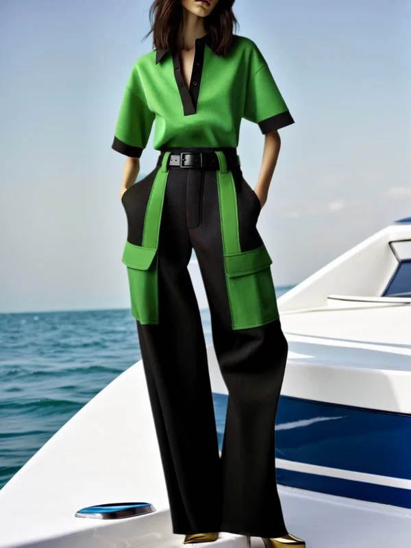 Half Sleeves Loose Contrast Color No Belt Pockets Split-Joint V-Neck Casual Pants Bottoms Trousers