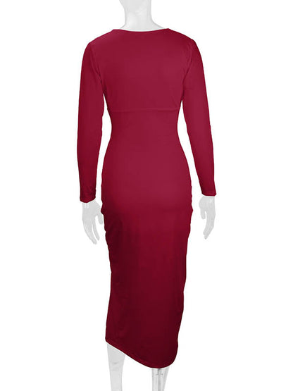 Bodycon Elasticated Waist Pleated Solid Color Split-Joint Split-Side Deep V-Neck Midi Dresses