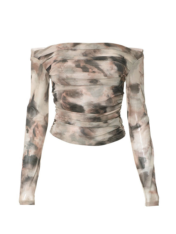 Long Sleeves Skinny Pleated Split-Joint Tie Dye Off-The-Shoulder T-Shirts Tops