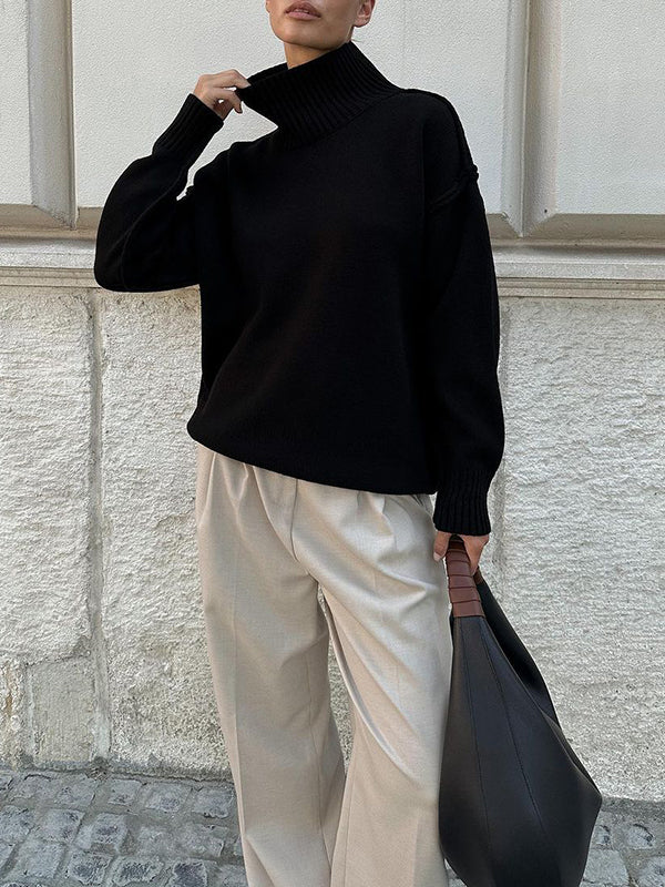 Long Sleeves Loose Solid Color Split-Joint High Neck Pullovers Sweater Tops