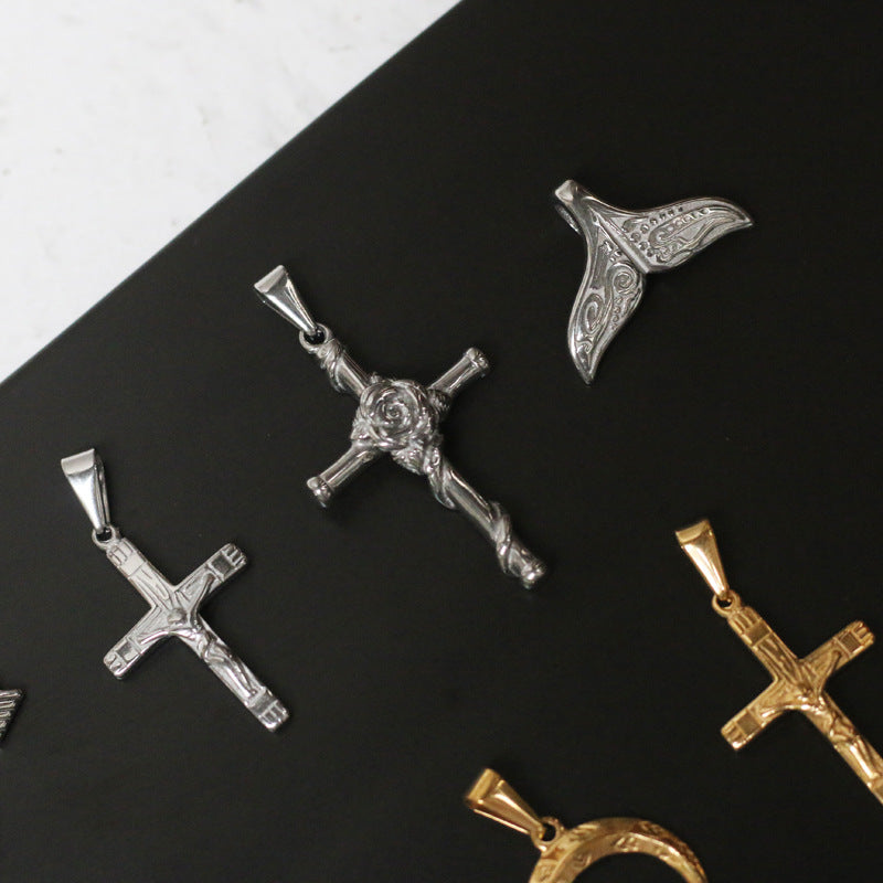 1 Piece Titanium Steel Cross Moon Fish Tail Pendant