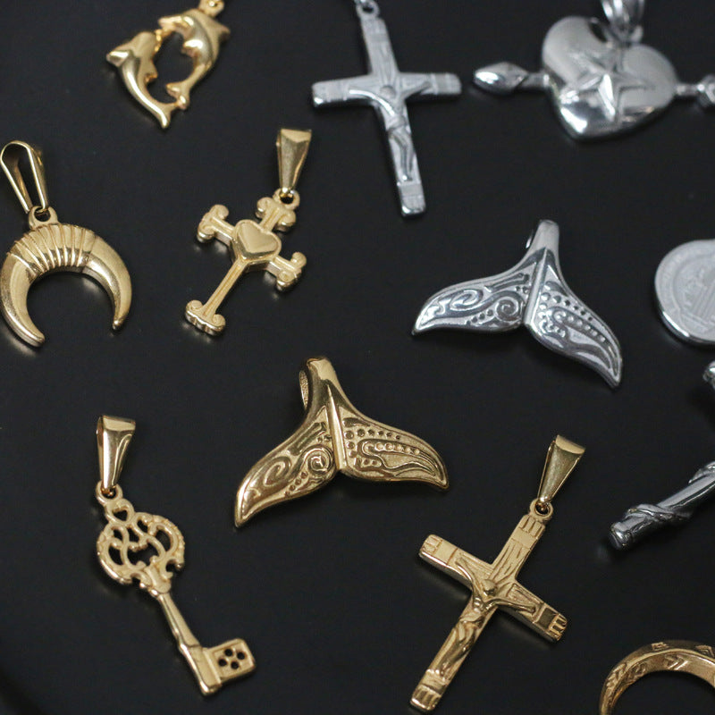 1 Piece Titanium Steel Cross Moon Fish Tail Pendant