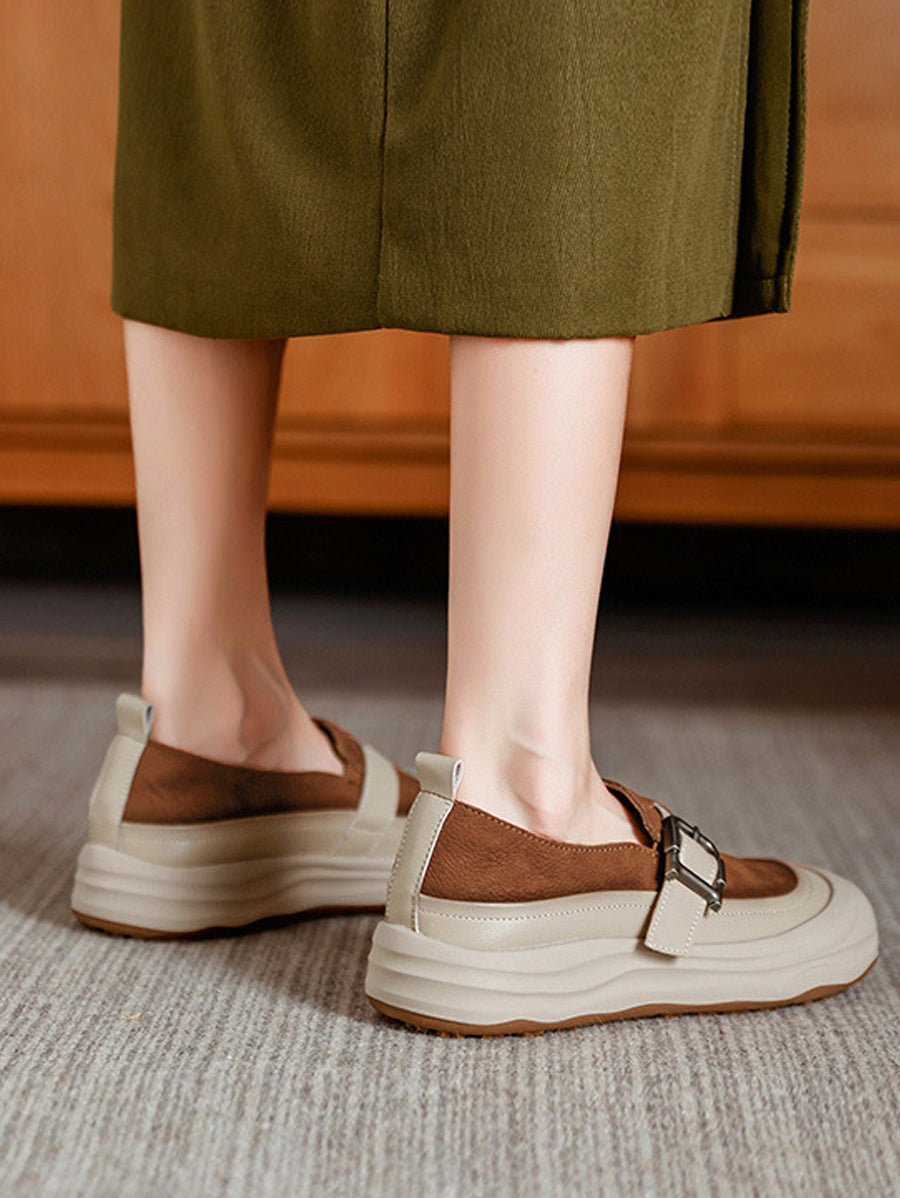 Women Autumn Colorblock Leather Flat Shoes