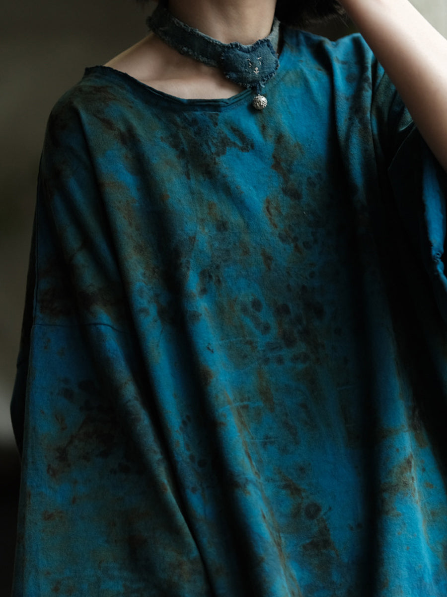 Women Autumn Vintage O-Neck Tie-dye Cotton Shirt