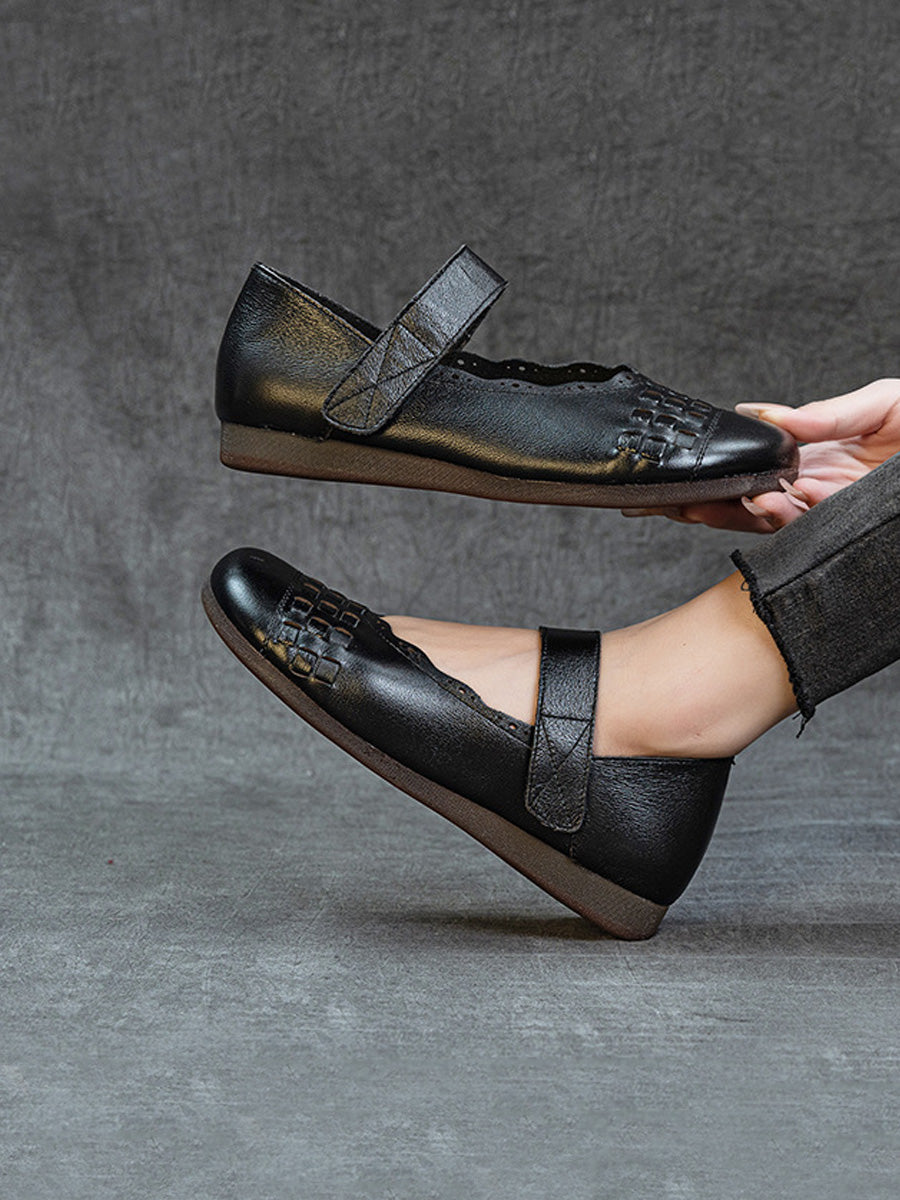 Women Summer Genuine Leather Weave Flat Shoes