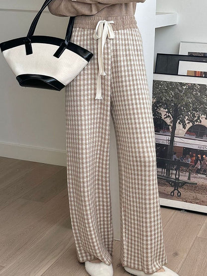 High Waisted Loose Drawstring Elasticity Plaid Pants Trousers