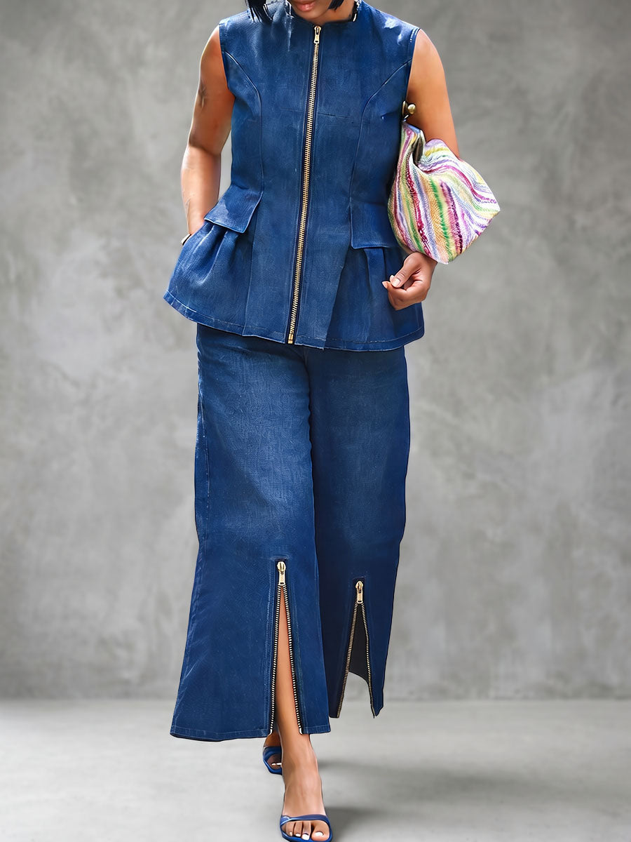 Zipper Solid Color Pockets Wide Leg Cropped Jean Pants Bottoms
