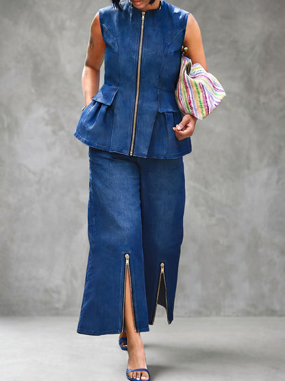 Zipper Solid Color Pockets Wide Leg Cropped Jean Pants Bottoms