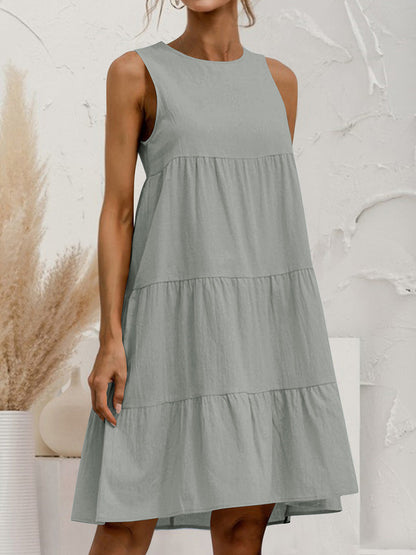 A-Line Loose Pleated Solid Color Tiered Round-Neck Mini Dresses