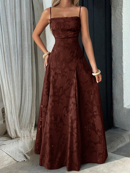 A-Line High Waisted Jacquard Pleated Solid Color Spaghetti-Neck Maxi Dresses