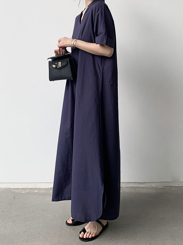 Loose Short Sleeves Solid Color V-Neck Maxi Dresses