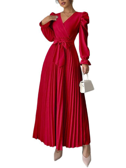 A-Line High Waisted Pleated Solid Color Tied Waist V-Neck Maxi Dresses