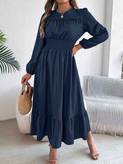 A-Line Elasticated Waist Pleated Solid Color Round-Neck Maxi Dresses