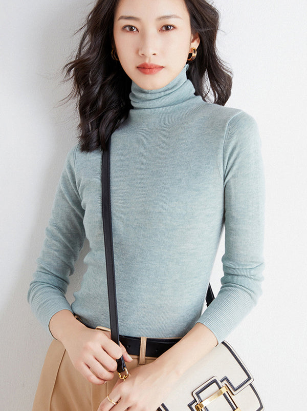 Simple Skinny Long Sleeves Solid Color High-Neck Sweater Tops Pullovers