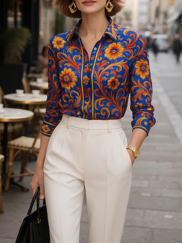 Long Sleeves Buttoned Flower Print Lapel Blouses&Shirts Tops