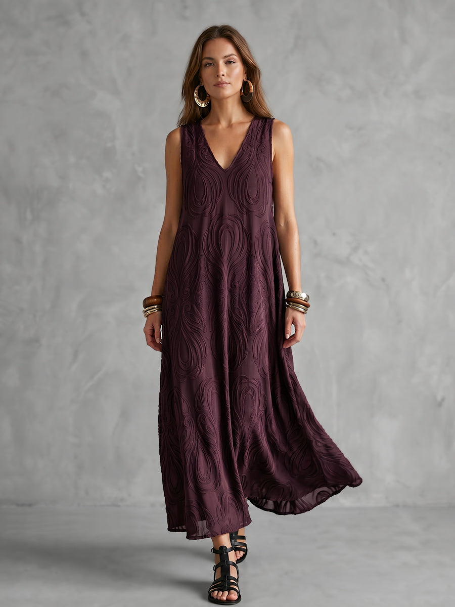 A-Line Loose Jacquard Solid Color V-Neck Midi Dresses