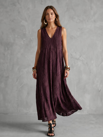 A-Line Loose Jacquard Solid Color V-Neck Midi Dresses