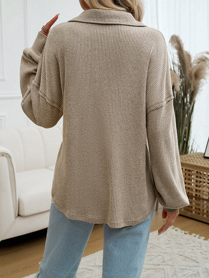 Long Sleeves Loose Buttoned Solid Color Split-Joint Lapel Knit Top