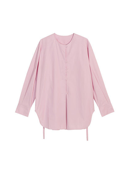 Long Sleeves Loose Buttoned Solid Color Tied Round-Neck Blouses&Shirts Tops