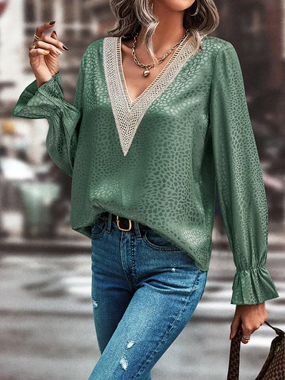 Long Sleeves Loose Elasticity Hollow Jacquard Leopard Split-Joint V-Neck Blouses&Shirts Tops
