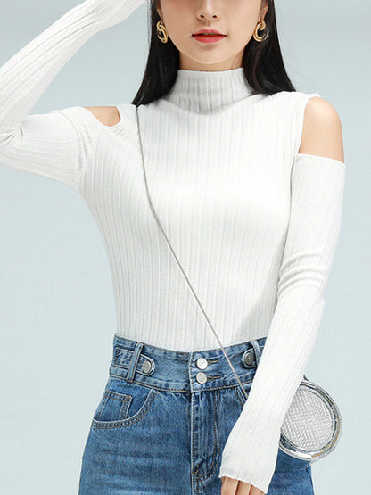 Long Sleeves Skinny Hollow Solid Color Mock Neck Knitwear Pullovers Sweater Tops