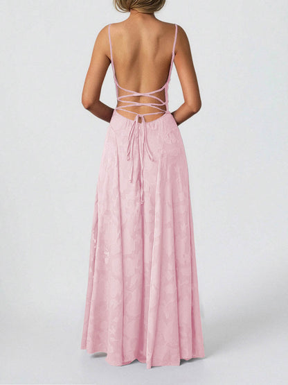 A-Line High Waisted Jacquard Pleated Solid Color Spaghetti-Neck Maxi Dresses
