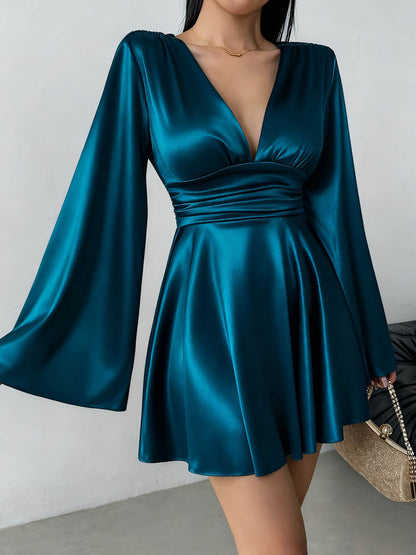 Bodycon Elasticated Waist Solid Color Deep V-Neck Mini Dresses