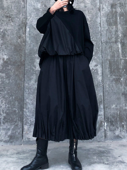 Solid Color Loose Long Sleeves Asymmetric Pleated Split-Joint Round-Neck Shirts Top +  Pants Bottom Two Pieces Set