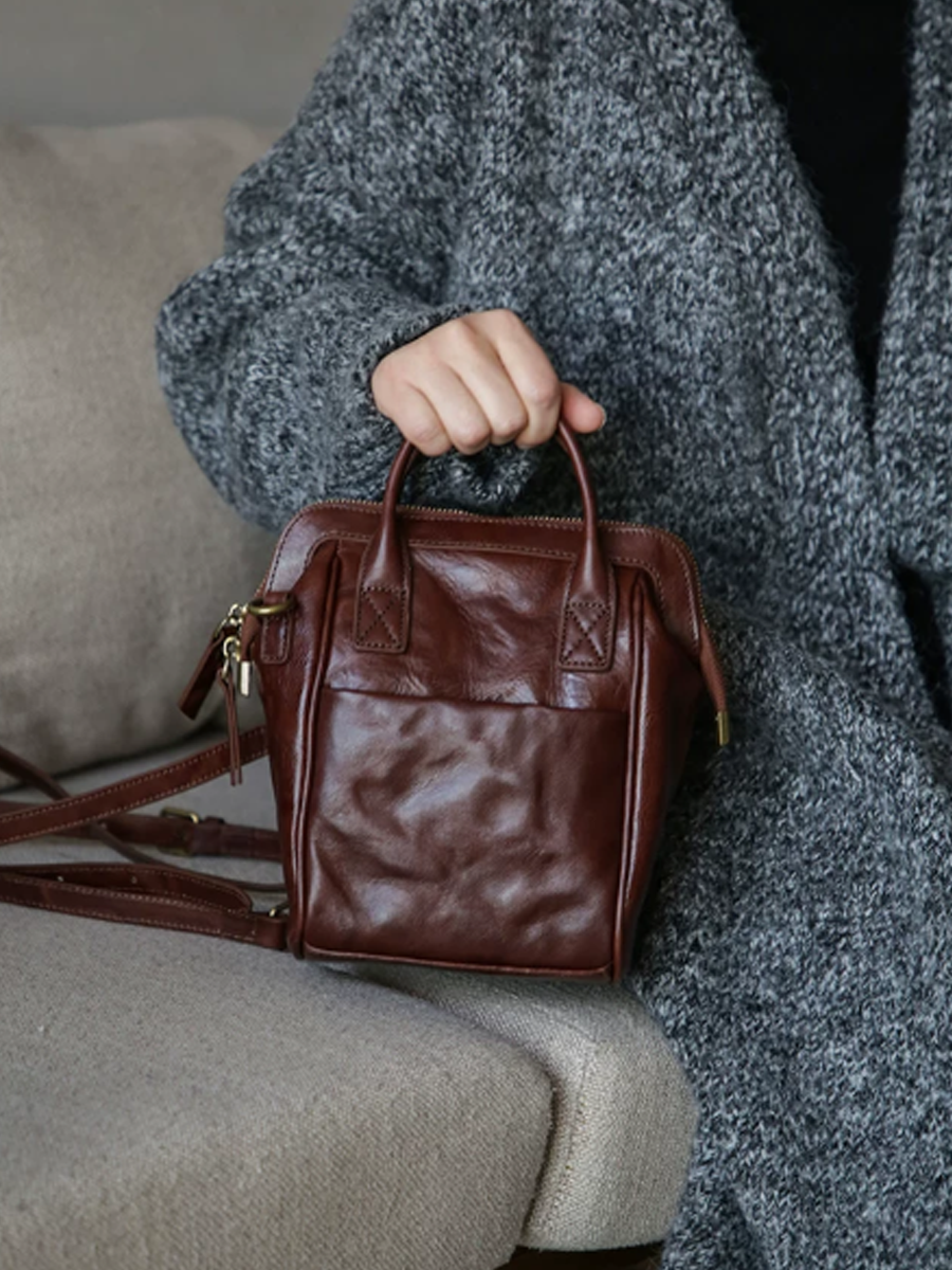 Crinkled Leather Handbag Travel Backpack