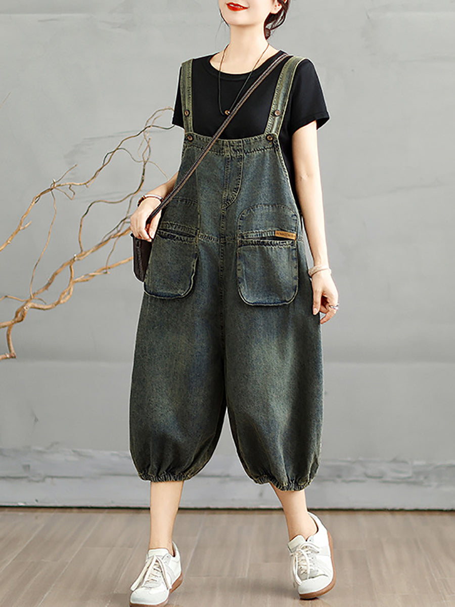 Women Summer Worn Pure Color Denim Cropped Jumpsuits