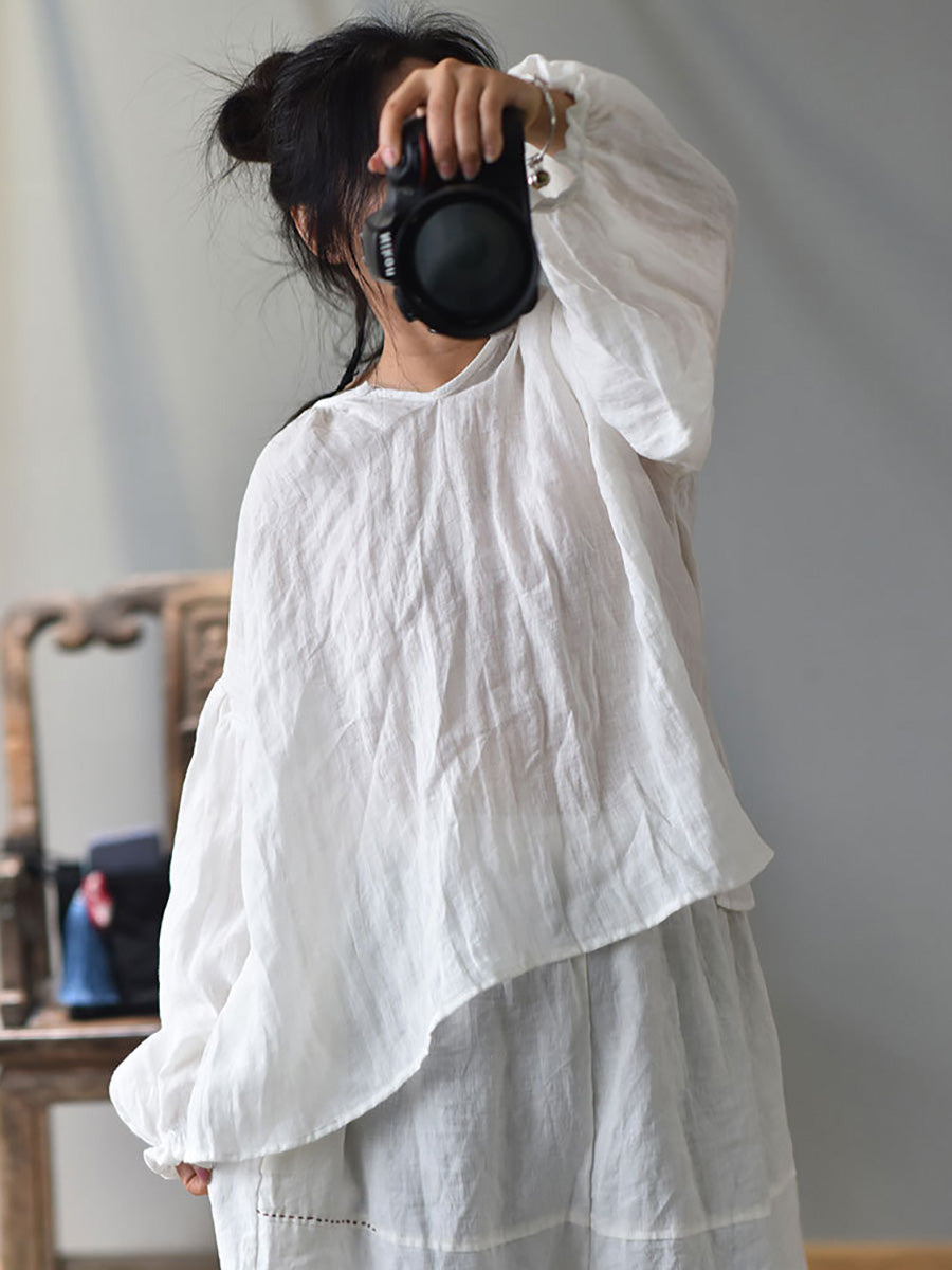 Plus Size Women Spring Retro V-Neck Puff Sleeve Shirt